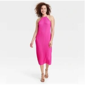 Women's Knit Plisse Midi Shift Dress - A New Day Hot Pink M